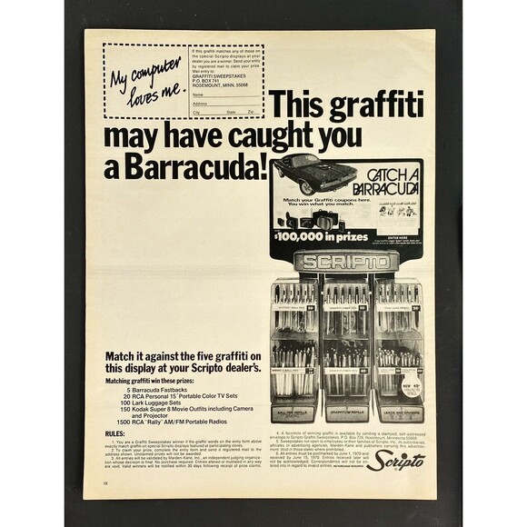 Scripto "Catch a Barracuda Graffiti Contest" Vintage Print Ad 1970 - Picture 3 of 3
